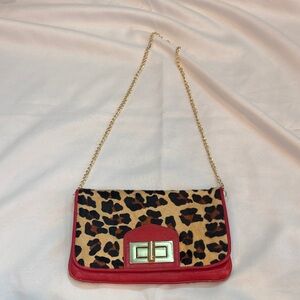 Vintage Cache Y2K Leopard Print Pony Hair Red Leather Trim Chain Shoulder Bag